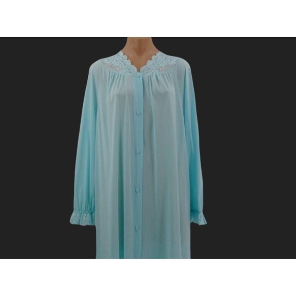 Vintage Shadowline Green Nylon Long Robe M Lace Embroidered Yoke Button Front - Picture 5 of 13